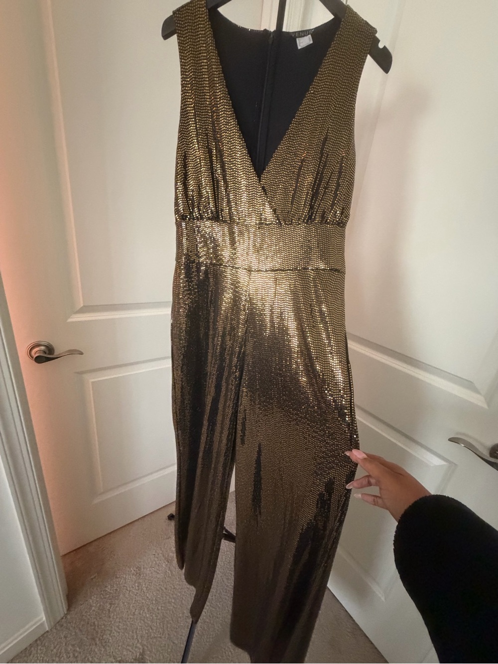 VENUS Gold Metallic V-Neck Sleeveless Jumpsuit